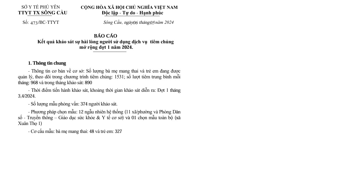Kết quả khảo sát sự hài lòng người sử dụng dịch vụ tiêm chủng mở rộng đợt 1 năm 2024